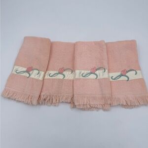 VTG Hand Towel Set Pink Tulips Satin Line 90s Bathroom Decor - Set of 4